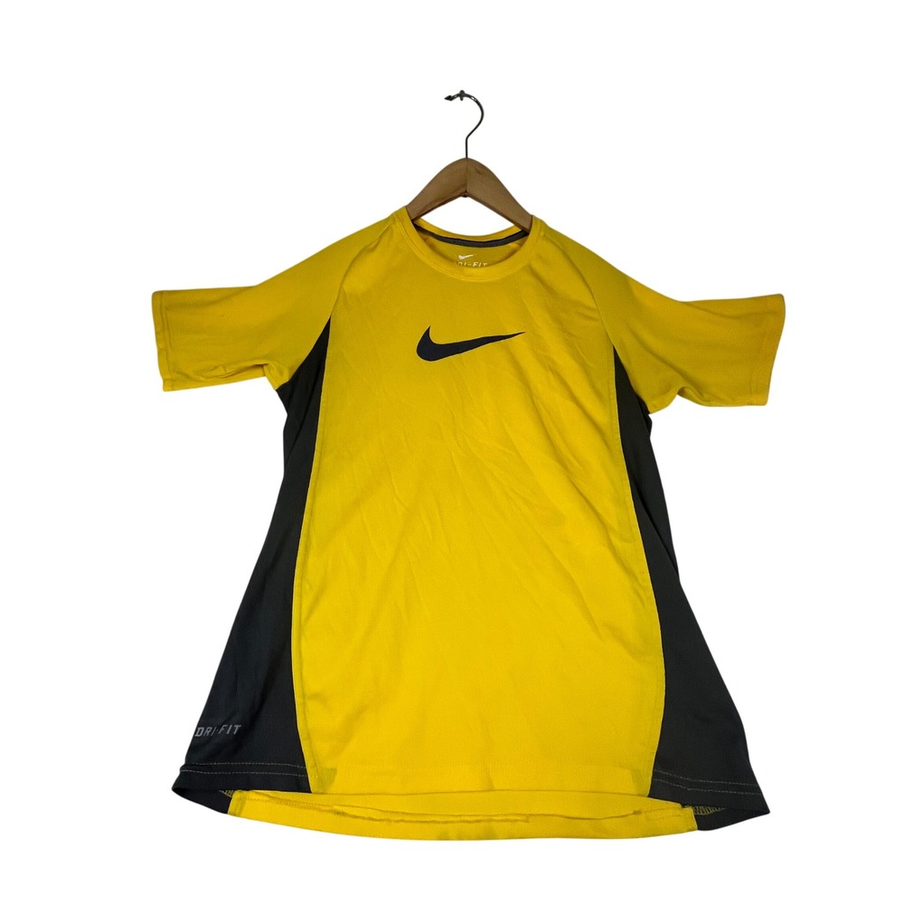 Nike Dri-FIT Mens Training Shirt Yellow Grey Colorblock Swoosh Logo Size Small